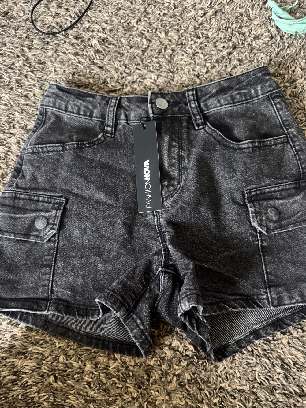 Fashion Nova Black Washed Denim Cargo Shorts